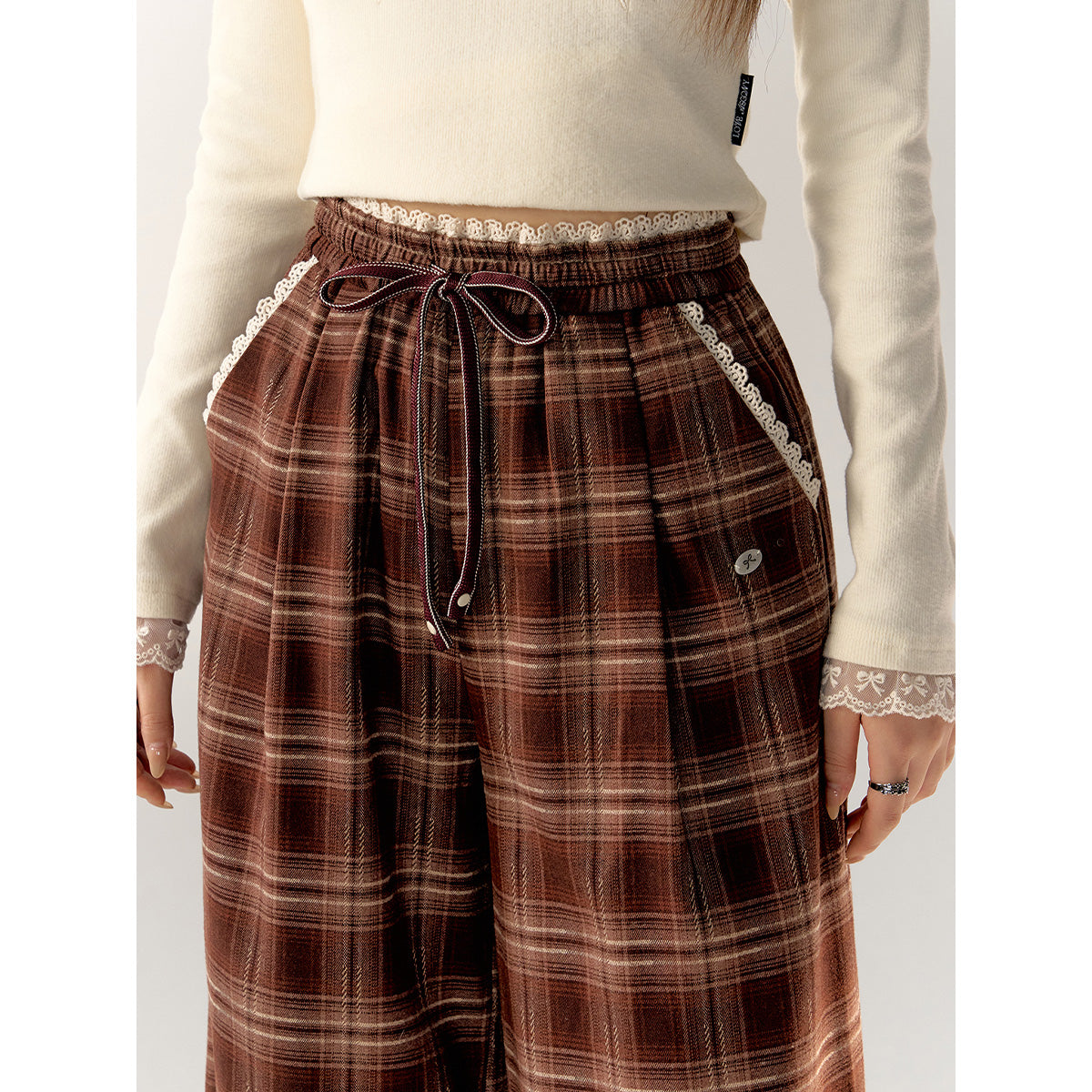 AsGony Retro Plaid High Waist Wide-Leg Pants Brown