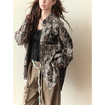 Via Pitti Heavy Plaid Patchwork Loose Shirt Khaki