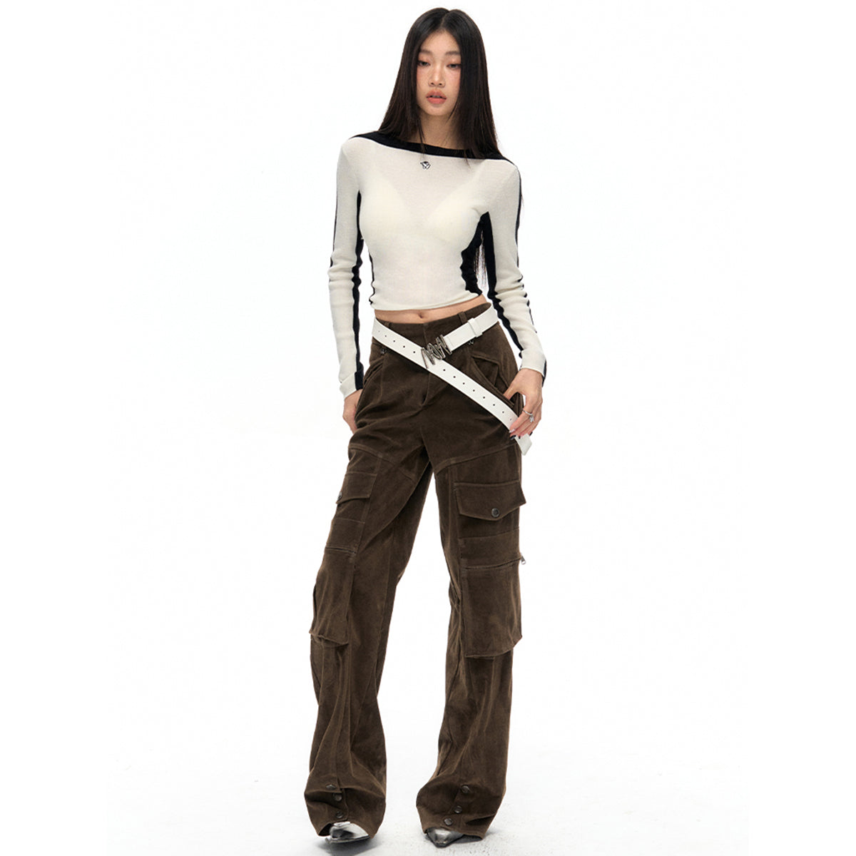 NotAwear Casual Matt Leather Cargo Straight-Leg Pants