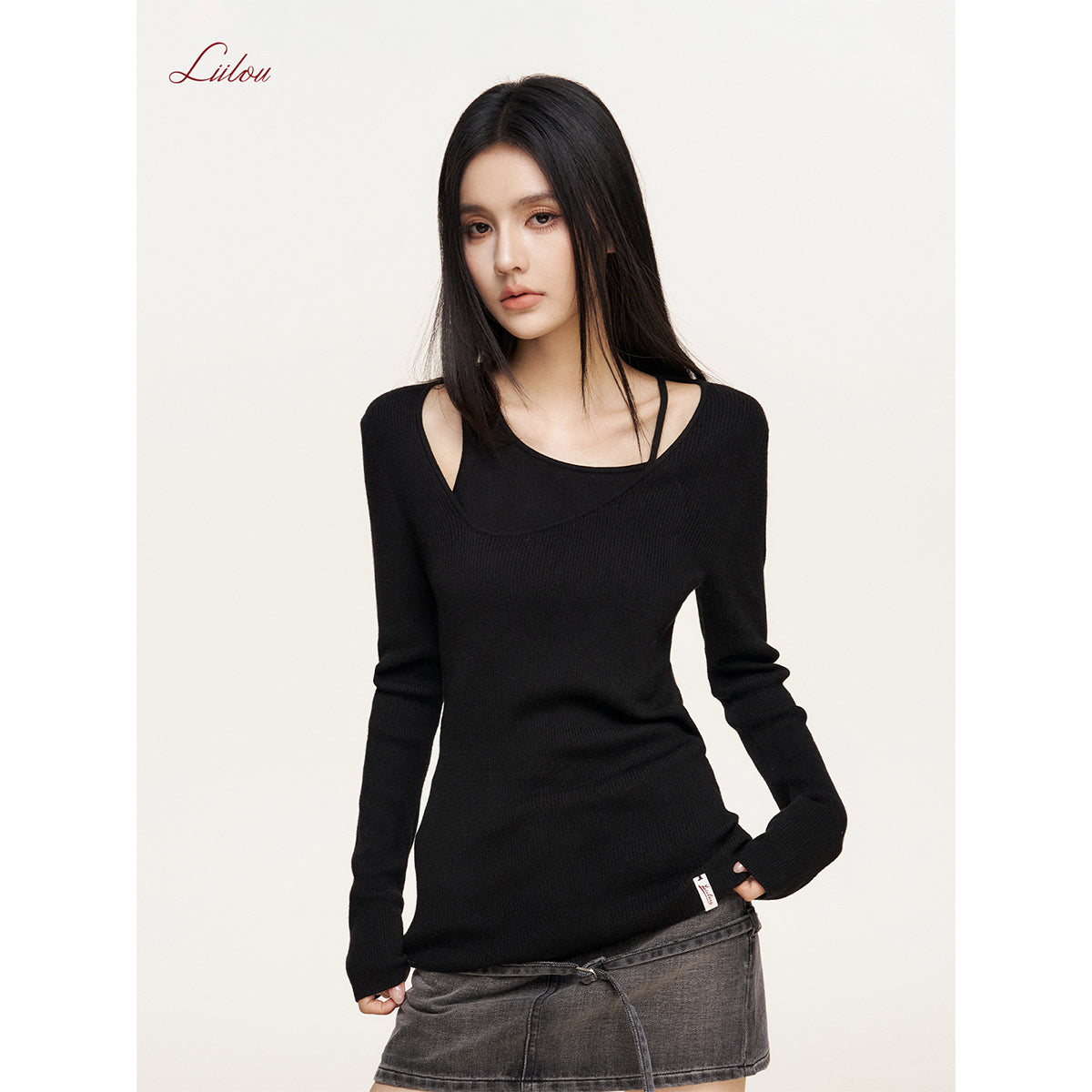 Liilou Fake-2-Piece Irregular Off-Shoulder Knit Top Black