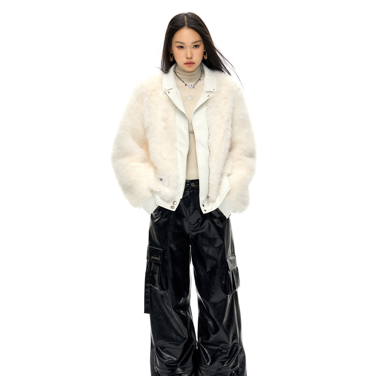 NotAwear Leather Collar Faux Fur Jacket White