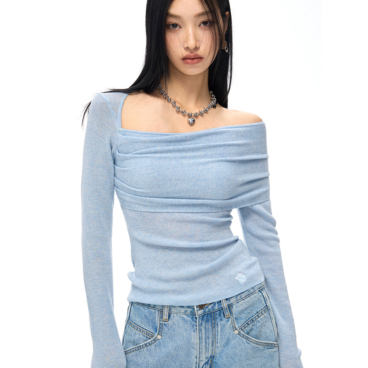 NotAwear Wrinkled Woolen Knit Off-Shoulder Top Blue