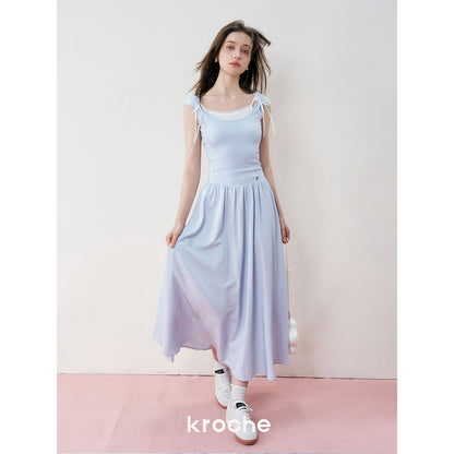 Kroche Fake-2-Piece Patchwork Casual Dress Blue