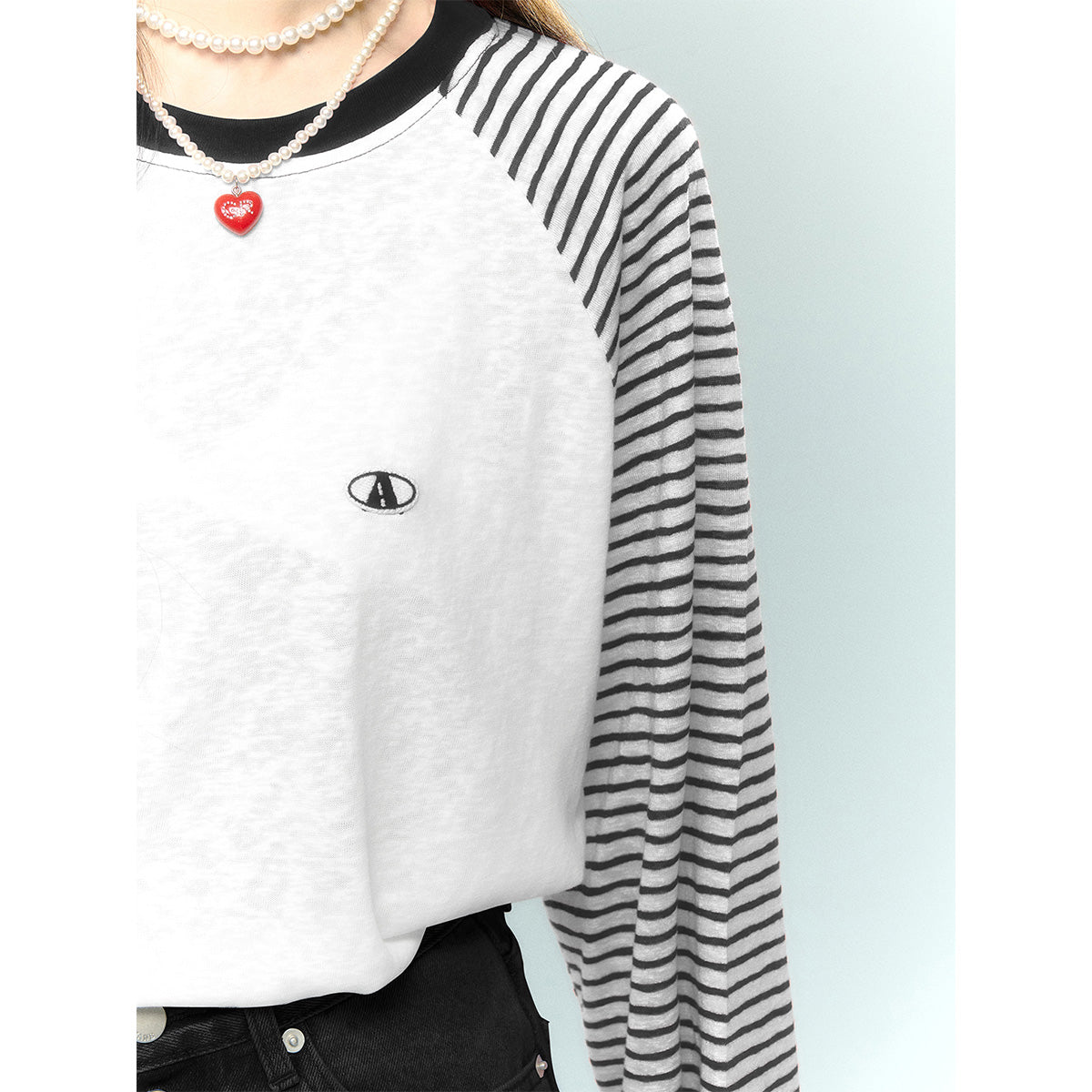 AsGony Contrast Color Striped Raglan L/S T-Shirt Black