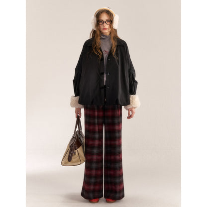 AsGony Retro Plaid Elastic-Waist Wide-Leg Pants