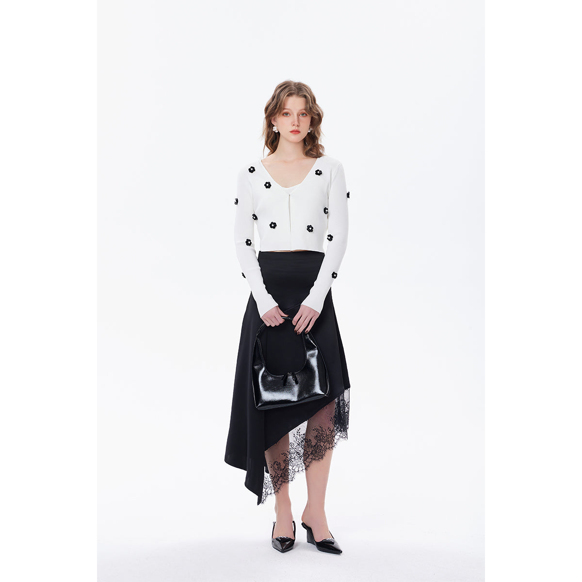 Three Quarters Lace Patchwork Irregular Long Skirt Black