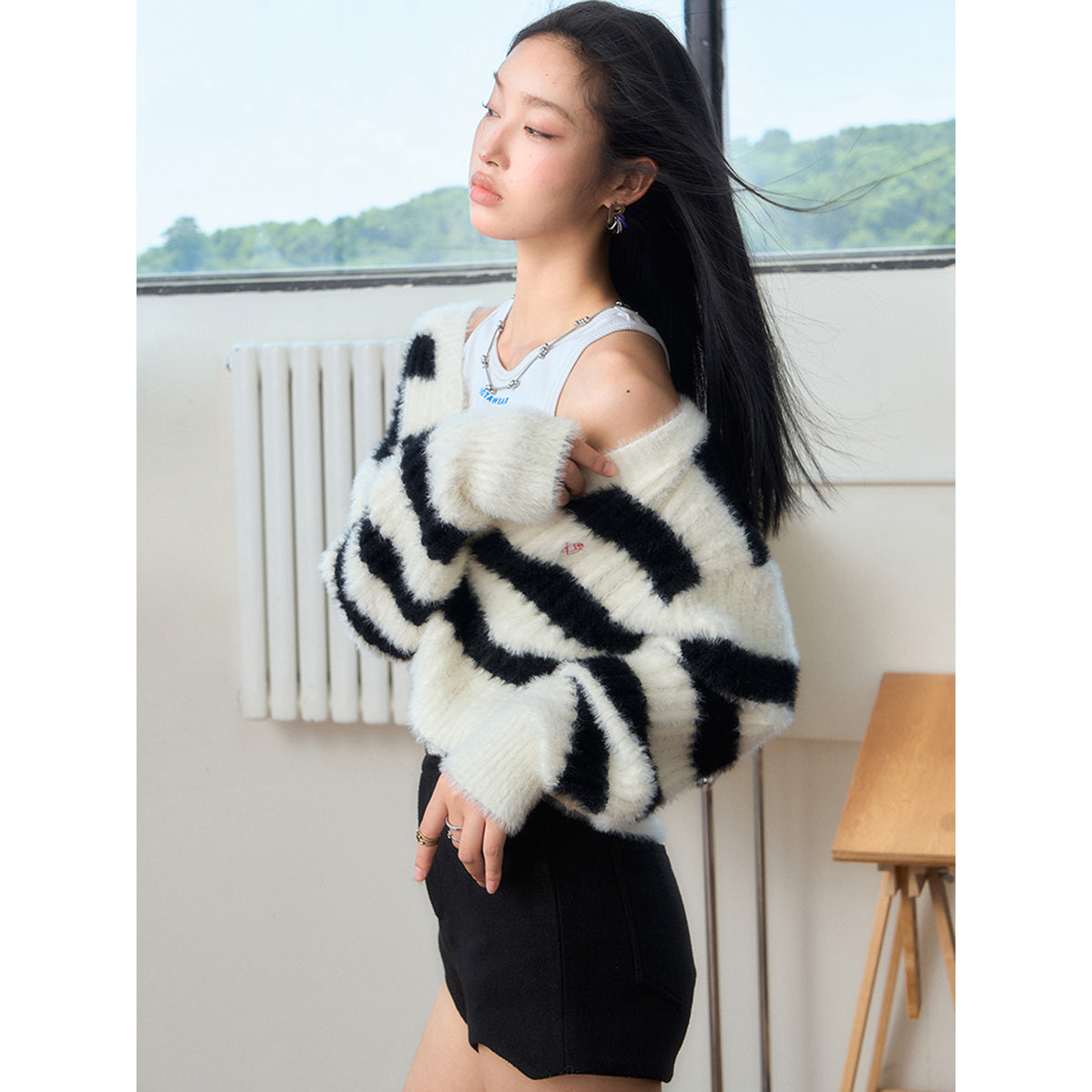 NotAwear Color Blocked Striped Knit Cardigan Black