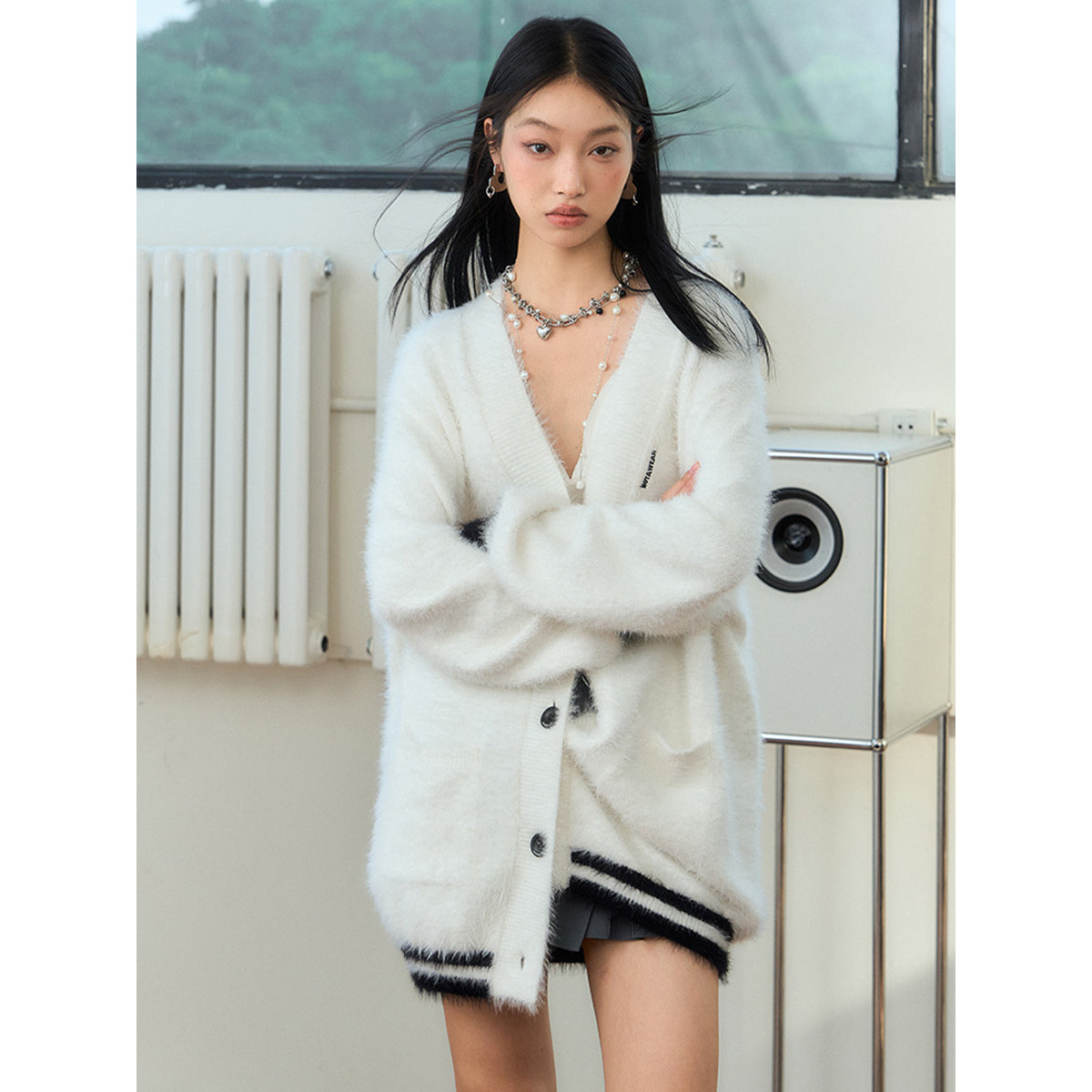 NotAwear Color Blocked Fluffy Faux Mink Cardigan White