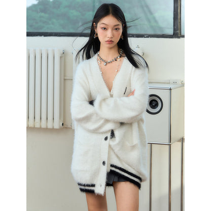 NotAwear Color Blocked Fluffy Faux Mink Cardigan White