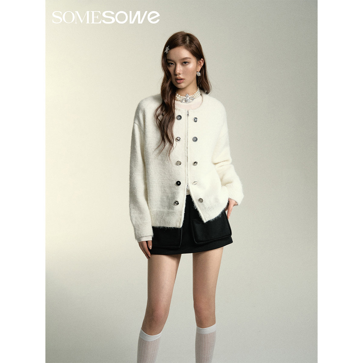 SomeSowe Double Breasted Zipper Cardigan White