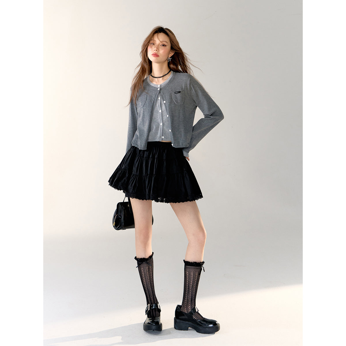 AsGony Contrast Color Fake-2-Piece Short Cardigan Gray