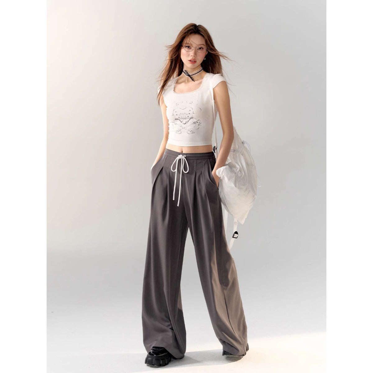 AsGony Stitching Drawstring Wide-Leg Suit Pants Gray