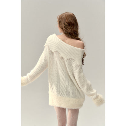 Via Pitti Destroy Cutting Off-Shoulder Knit Sweater Dress White