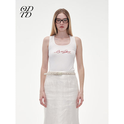 ODTD Embroidery Handwritten Slogan Vest Top White