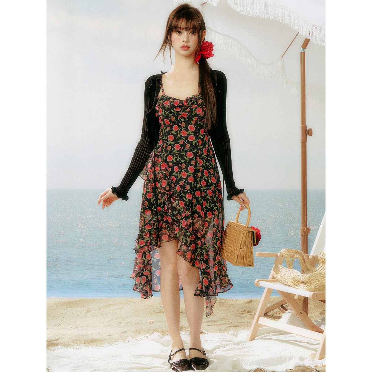 AsGony Printed Rose Floral Irregular Slip Dress Black