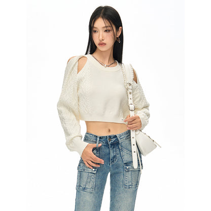 NotAwear Hollow Out Cutting Crop Knit Sweater White