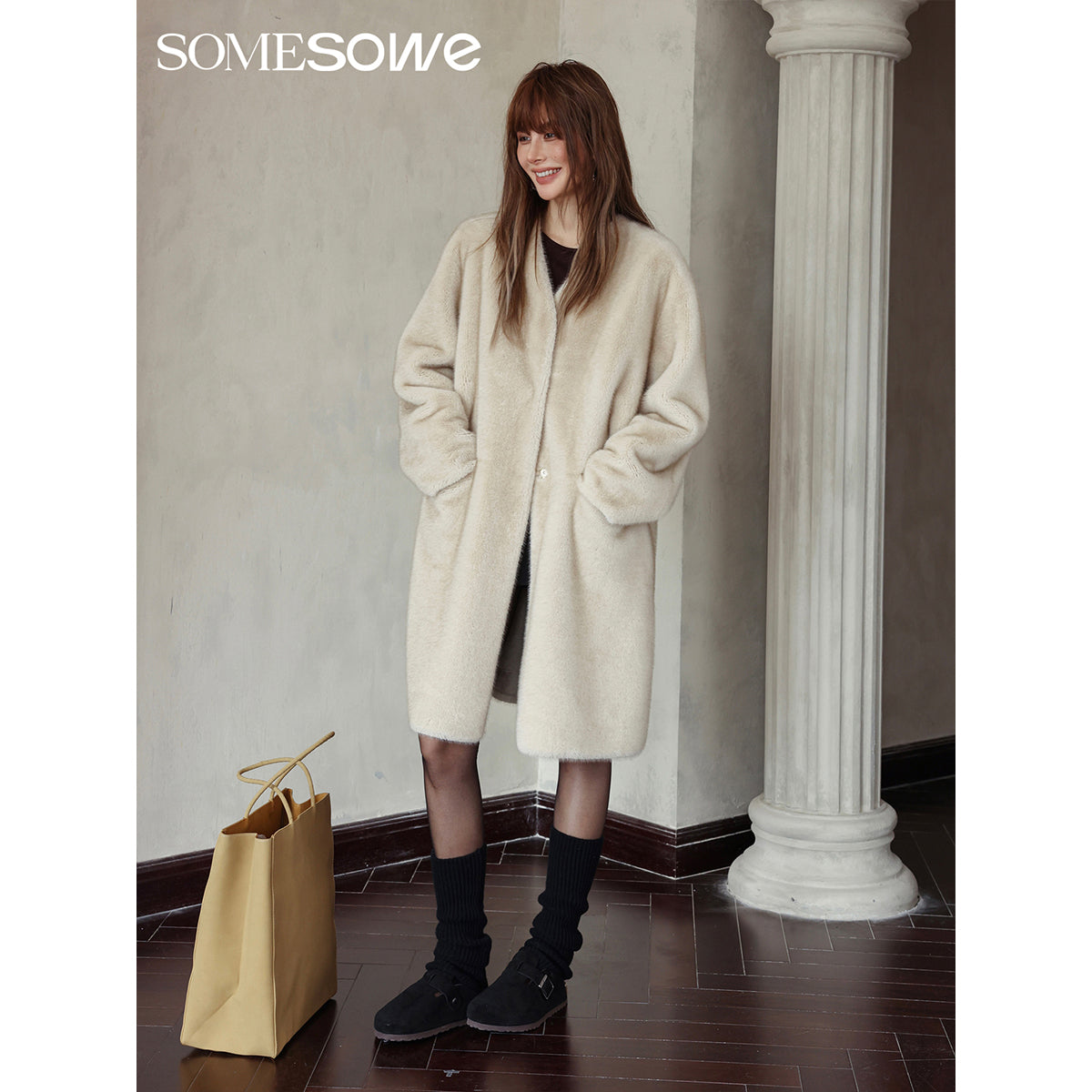 SomeSowe Fluffy Faux Mink Long Coat Khaki