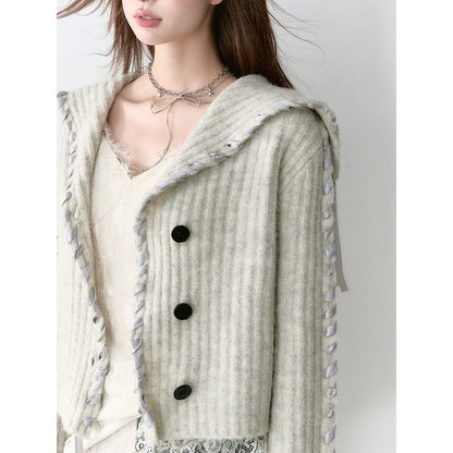 Via Pitti Heavy Big Lapel Ribbon Knit Cardigan Light Gray