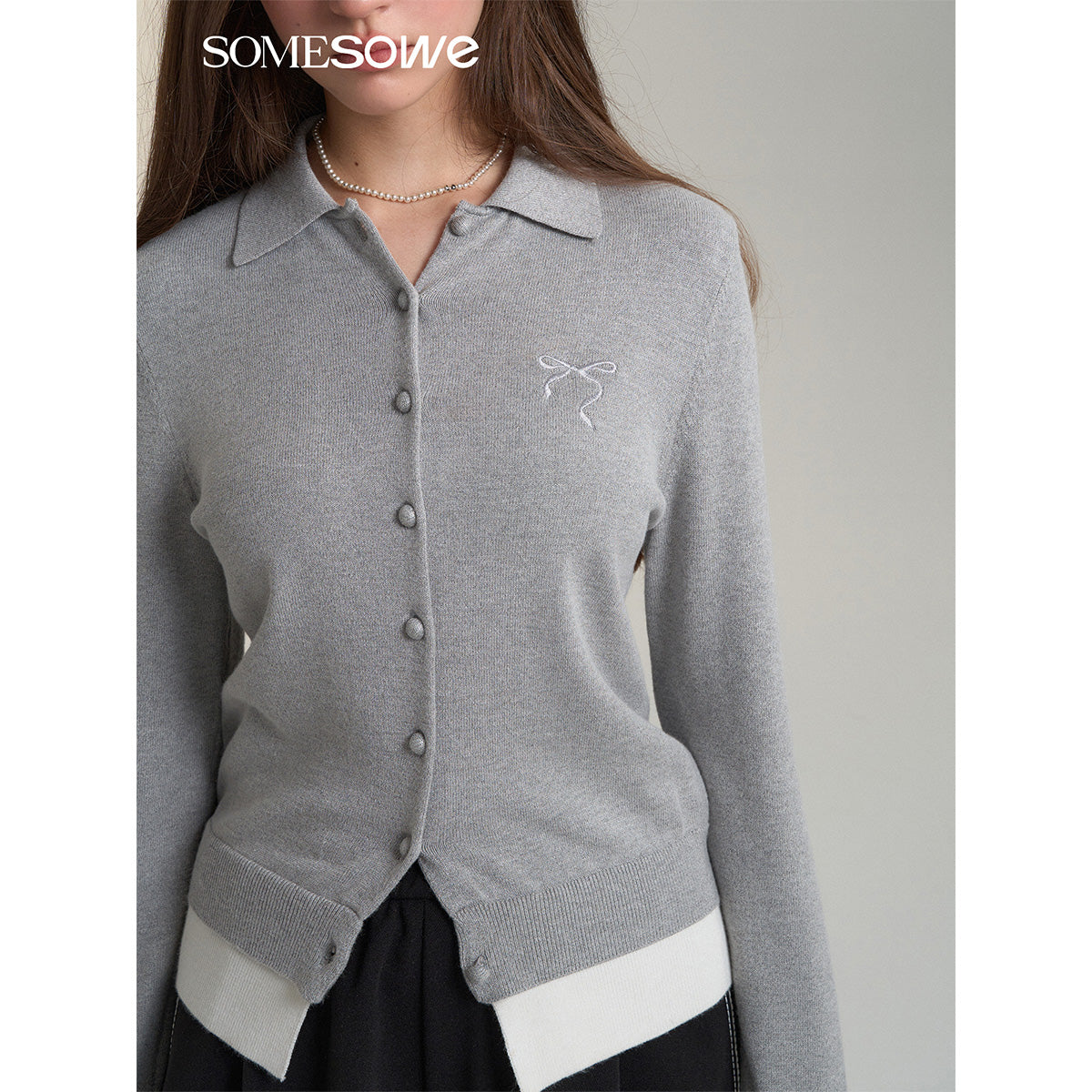 SomeSowe Fake-2-Piece Bow Knit Polo Cardigan Gray