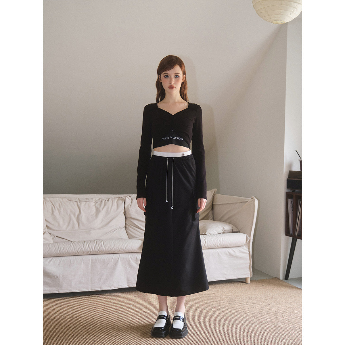 Three Quarters Color Blocked Cargo Flare Long Skirt Black