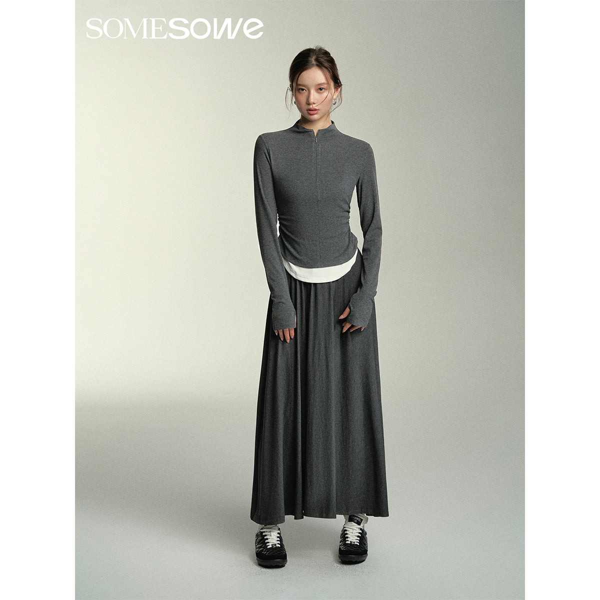 SomeSowe Wide A-Line Pleated Long Skirt Gray