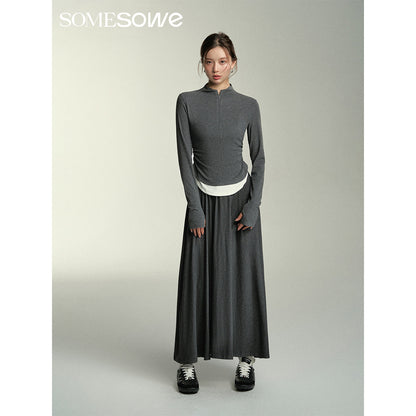 SomeSowe Wide A-Line Pleated Long Skirt Gray