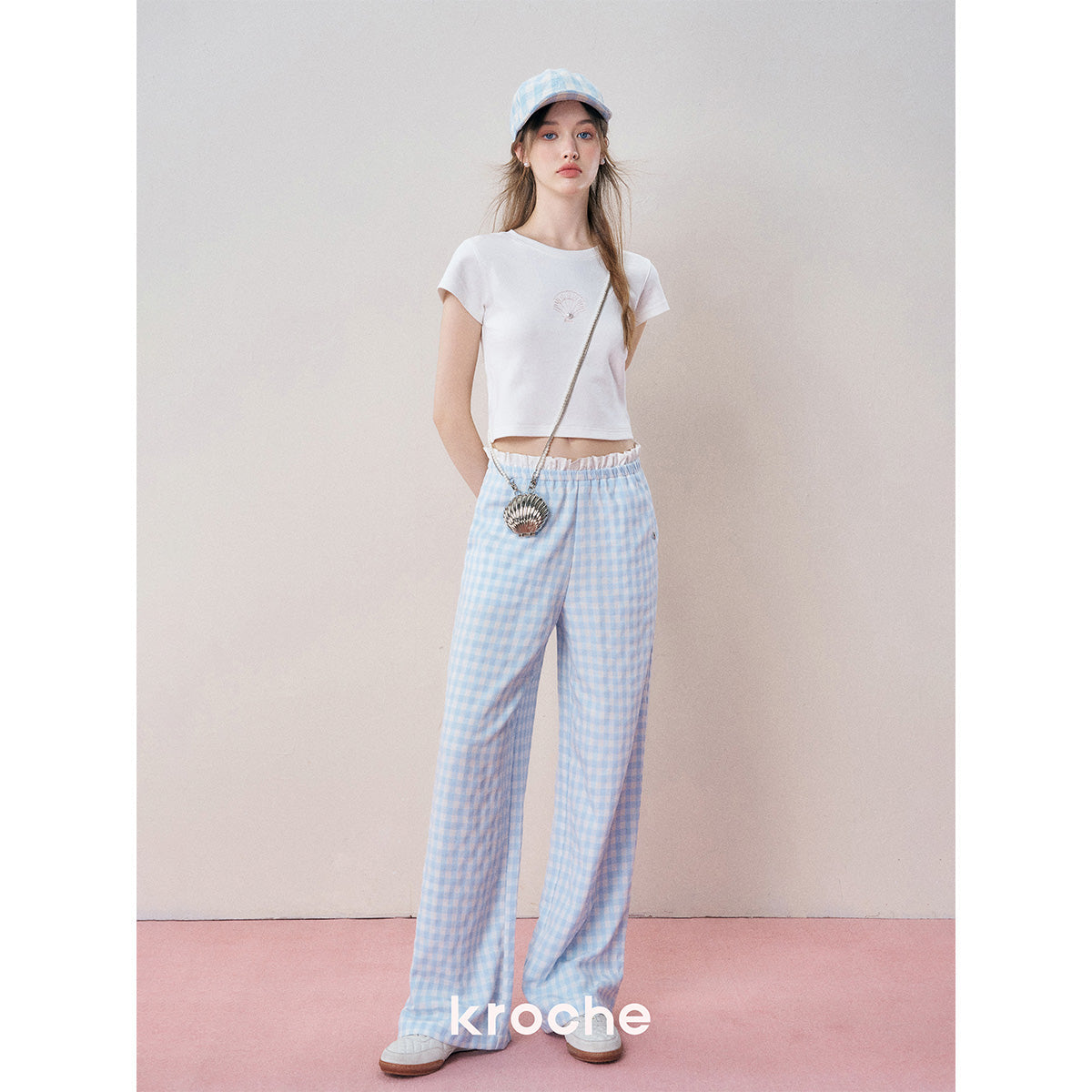 Kroche Color Blocked Lace Waist Plaid Pants