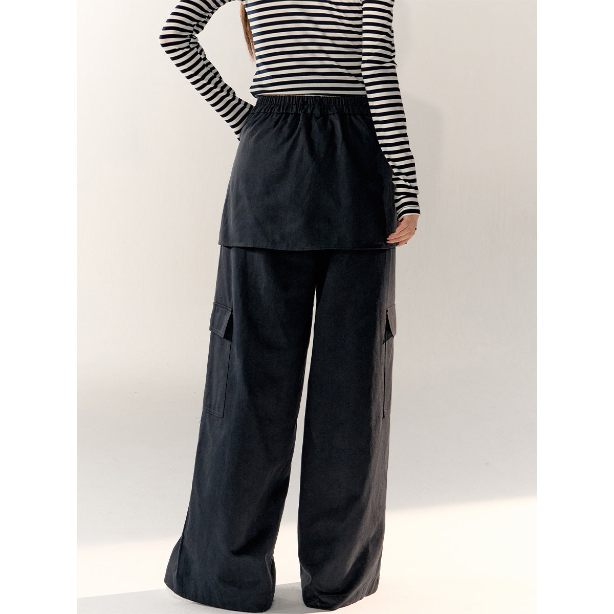 AsGony Fake-2-Piece Wide-Leg Casual Cargo Pants Navy Blue