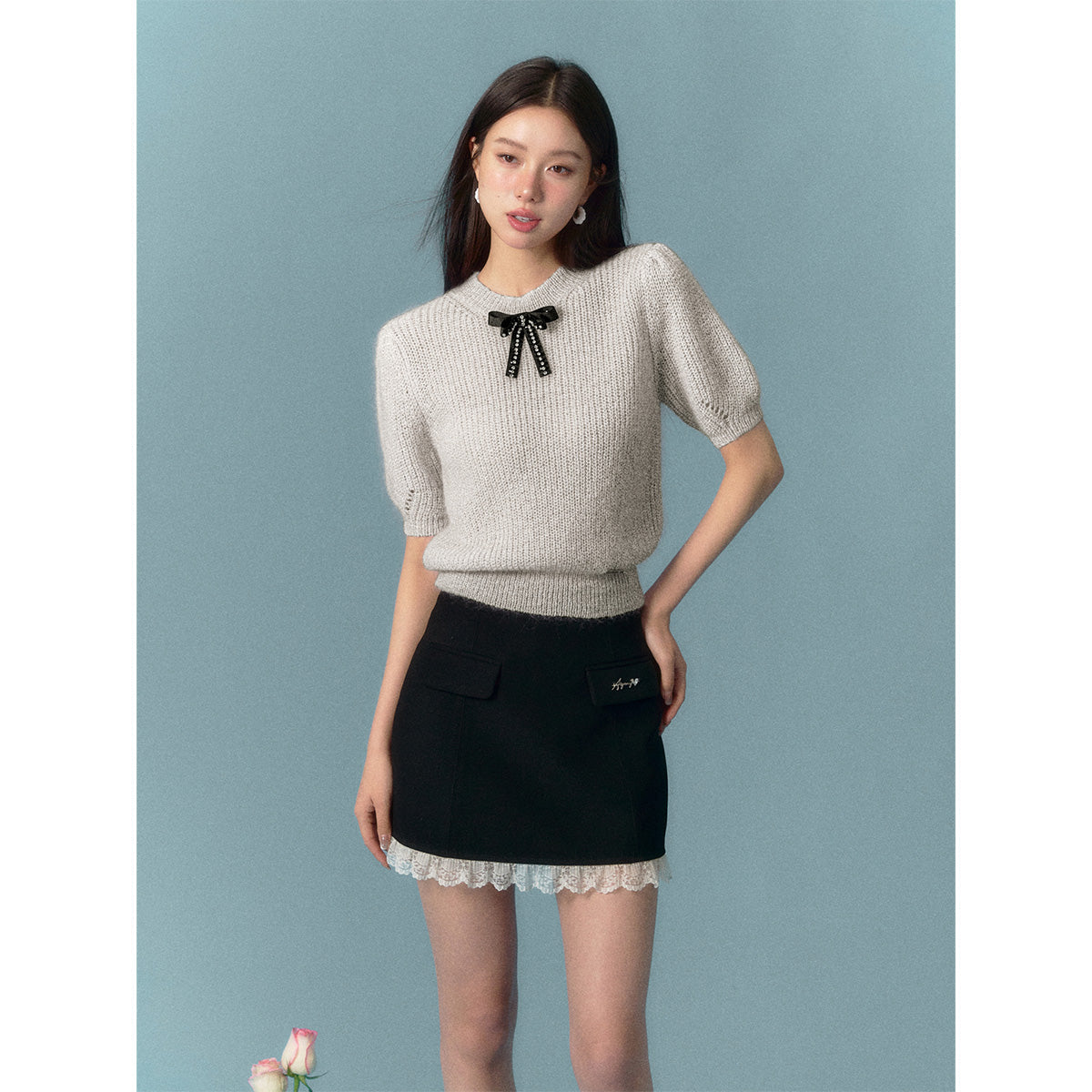 AsGony Bow Knot Short Sleeved Knit Top Grey