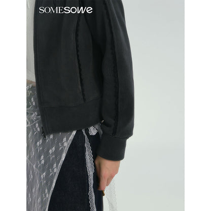 SomeSowe Lace Patchwork Fleece Jacket Dark Gray