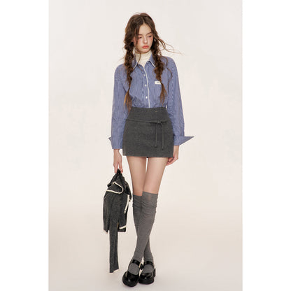 Kroche Lace Edge Plaid Casual Shirt Blue