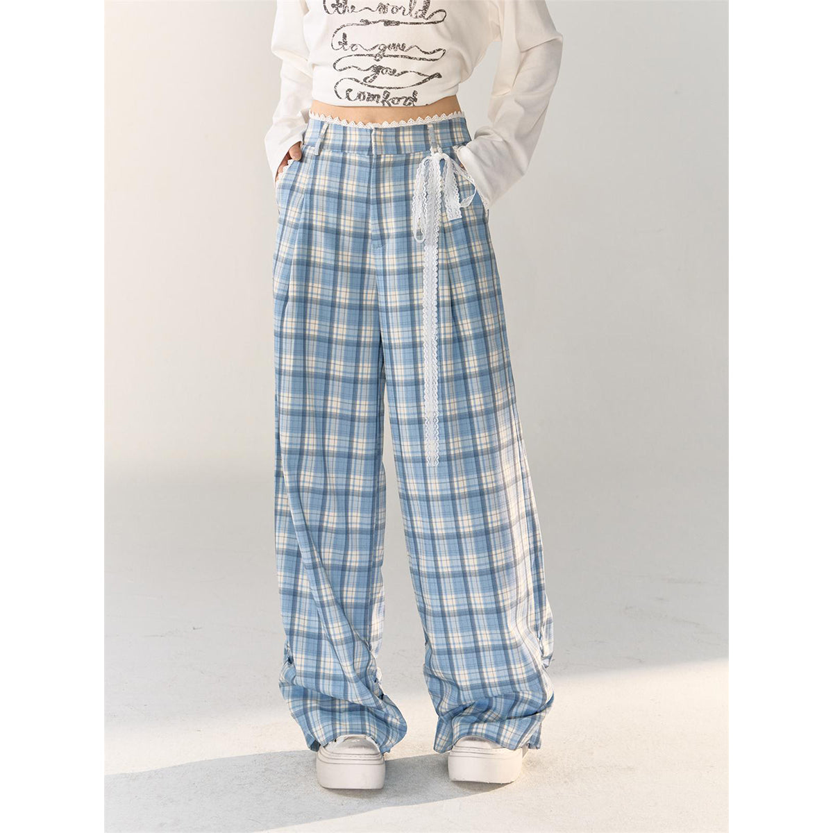 AsGony Lace Edge Plaid Casual Straight-Leg Pants Blue