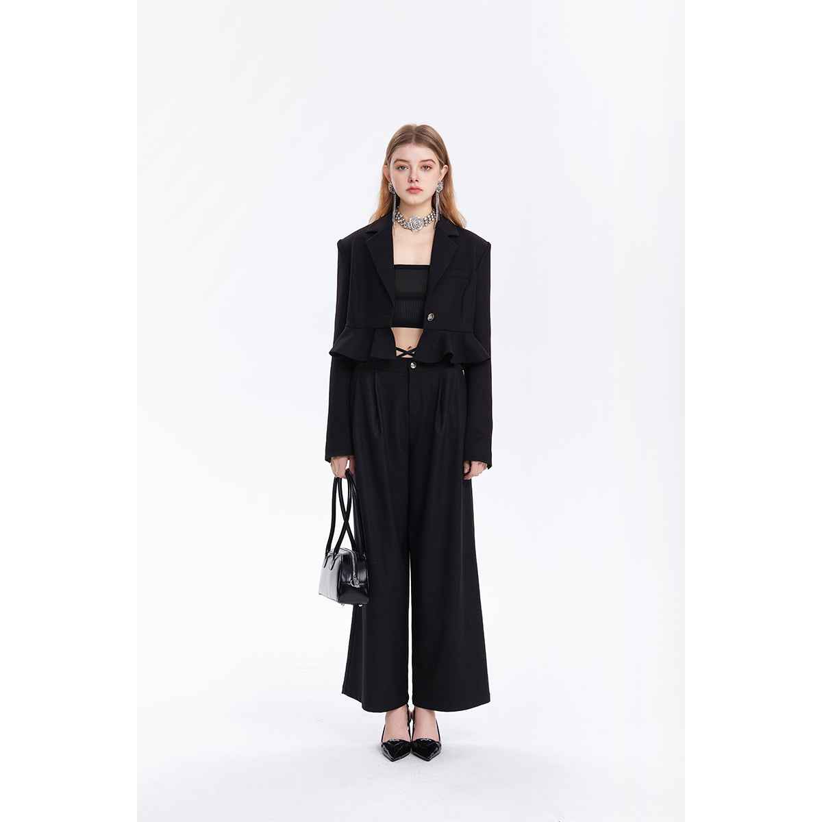 Three Quarters Hollow Cutting Waist Blazer Pants Black