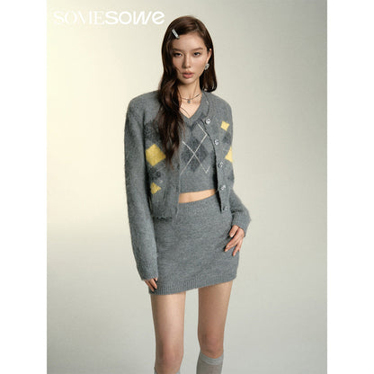 SomeSowe Color Blocked Checkered Woolen Cardigan