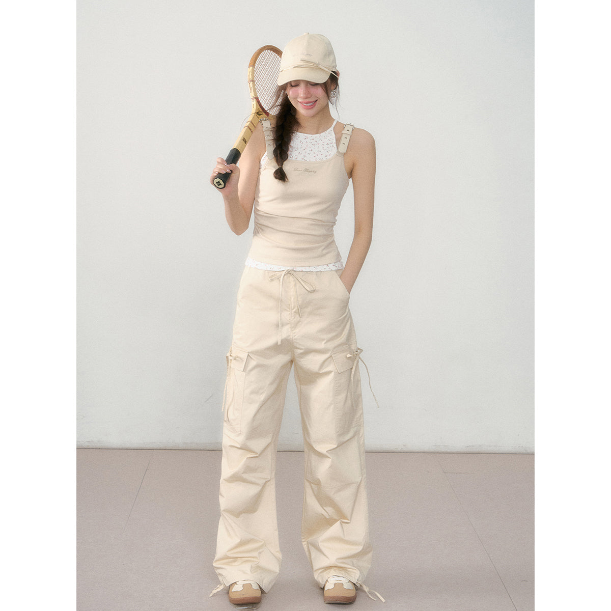 AsGony Thin Loose Straight Wide-Leg Cargo Pants Khaki