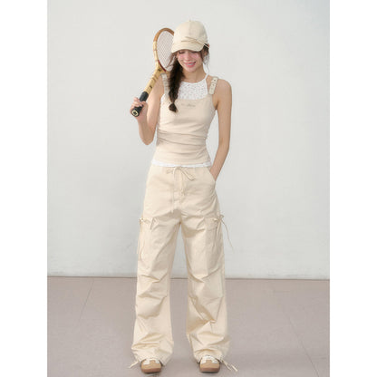 AsGony Thin Loose Straight Wide-Leg Cargo Pants Khaki