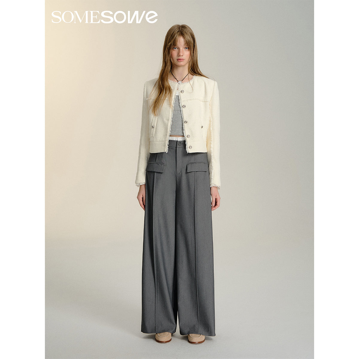 SomeSowe Contrast Color Stitching Wide-Leg Suit Pants Gray