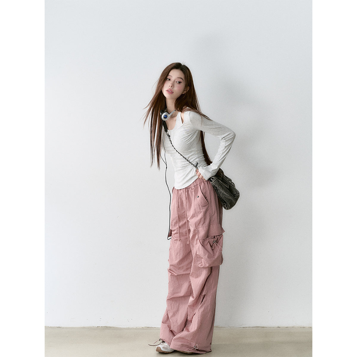 Via Pitti Mesh Big Pocket Casual Cargo Pants Pink