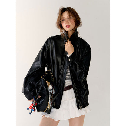 AsGony Retro Lapel Casual Leather Jacket Black