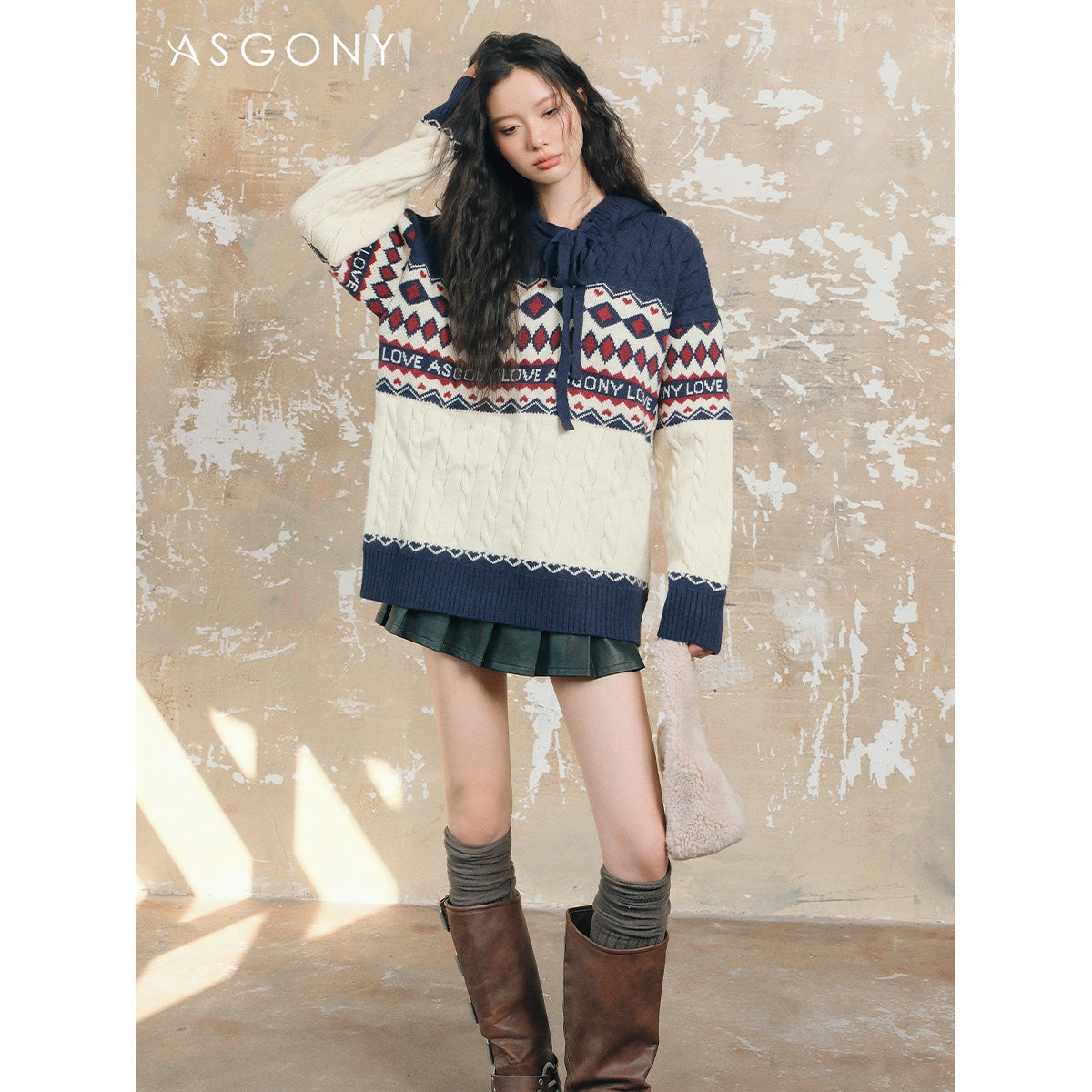 AsGony Fair Isle Oversized Knit Sweater Navy