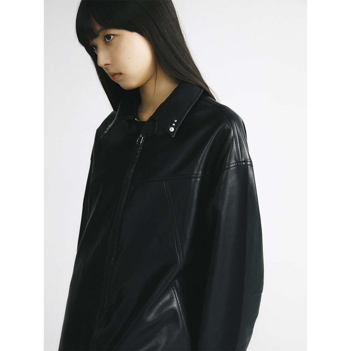 IFIK Oversized Zipper Leather Hooded Coat Black