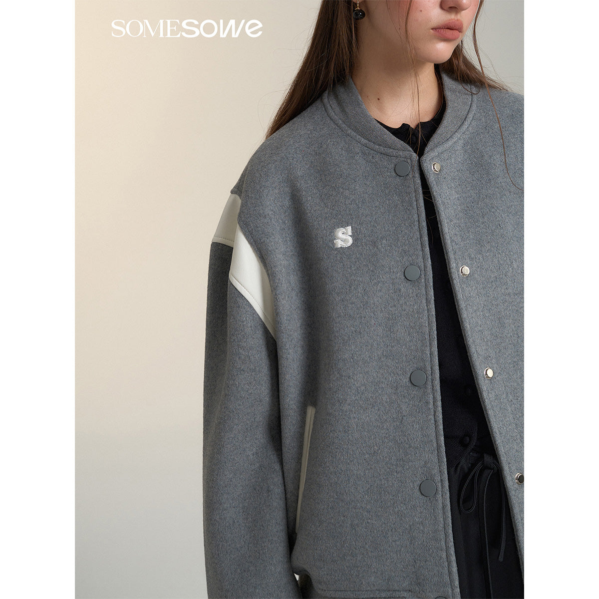 SomeSowe Leather Patchwork Woolen Jacket Gray