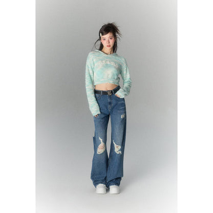 Via Pitti Destroyed Printed Logo Wide-Leg Jeans