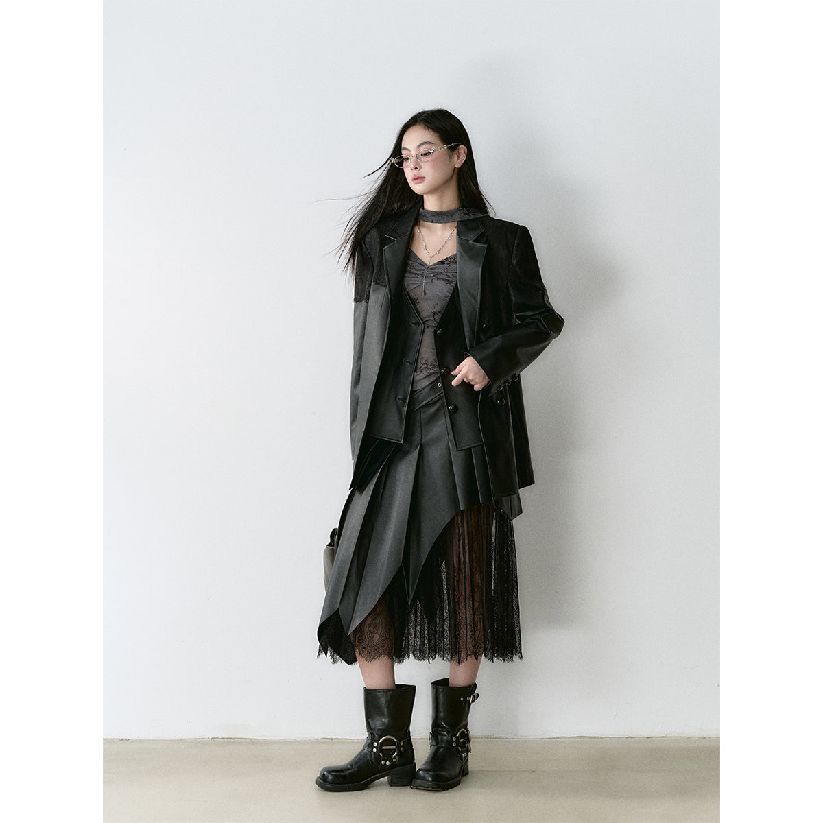 Via Pitti Irregular Lace Patchwork Leather Skirt Black