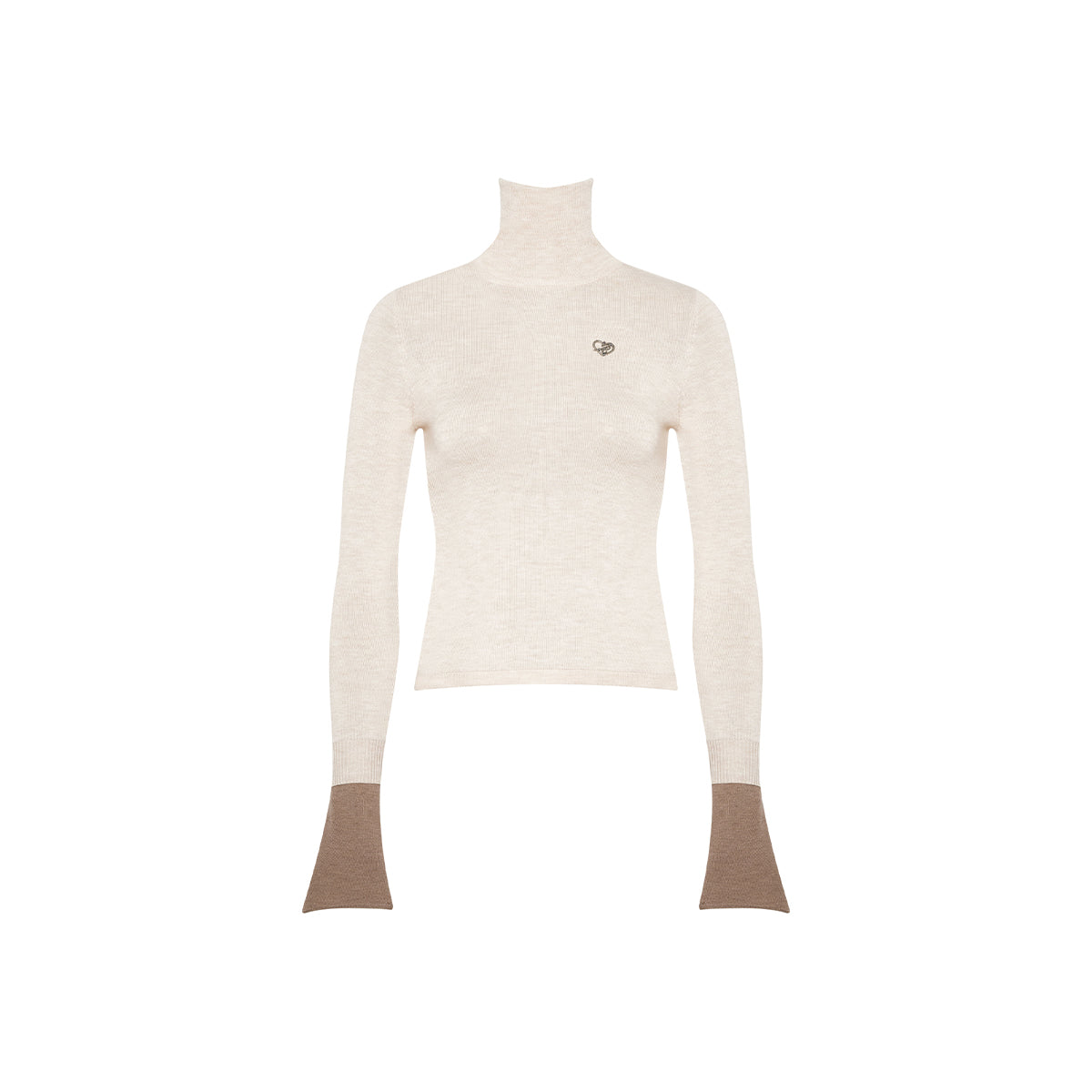 Kroche Color Blocked Cuff Woolen Knit Turtleneck Top Beige