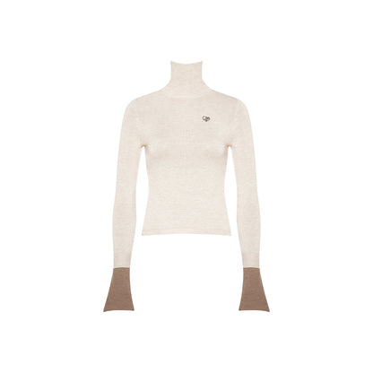 Kroche Color Blocked Cuff Woolen Knit Turtleneck Top Beige