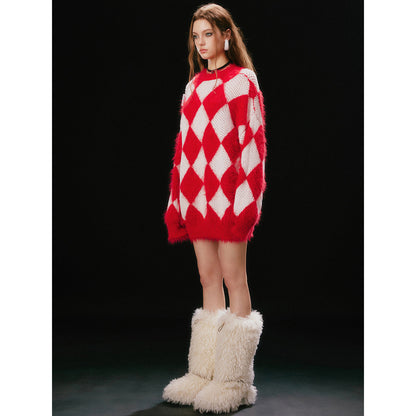 Jac Fleurant Color Blocked Checkered Knit Sweater Red