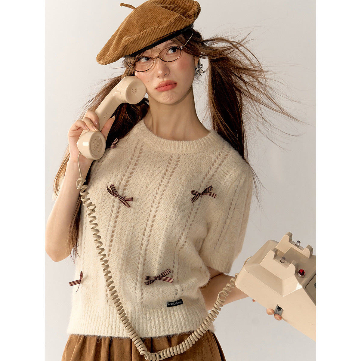 AsGony Bow Tie Puff Sleeve Knit Top Beige