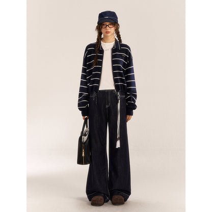 AsGony Contrast Color Drawstring Polo Knit Cardigan Navy Blue