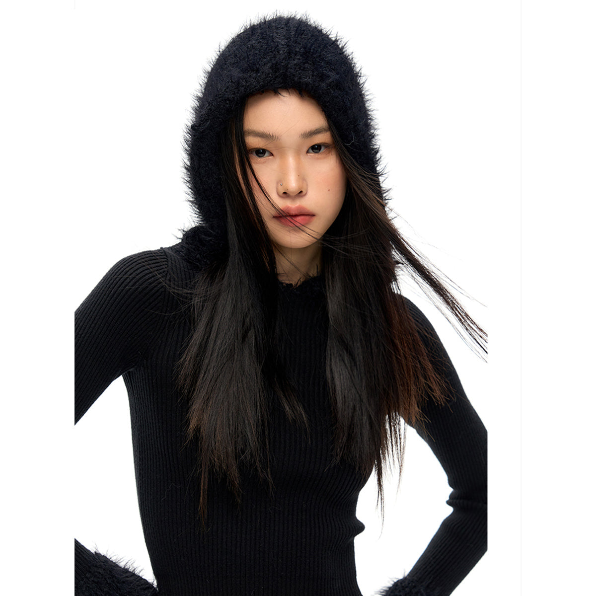 NotAwear Eco-Friendly Mink Hair Knit Hooded Top Black